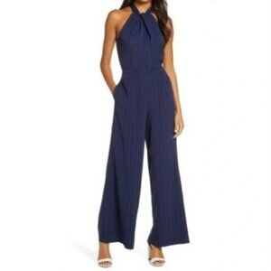 JULIA JORDAN NAVY HALTER NECK PINSTRIPE JUMPSUIT SIZE 14 NEW/TAGS